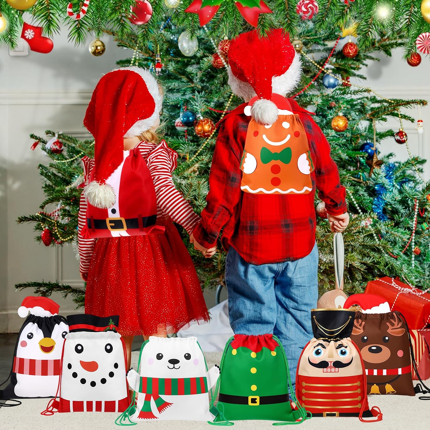 Hillban 16 Pcs Animal Drawstring Bags for Kids Party Favors Drawstring Backpack with Ear for Safari Birthday (Christmas Style)