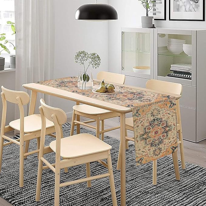 Bohemia Orange Table Runner, Rustic Farmhouse Vintage Geometric Floral Print Table Cover for Home Kitchen Dining Table Party Decor, 13x120inch