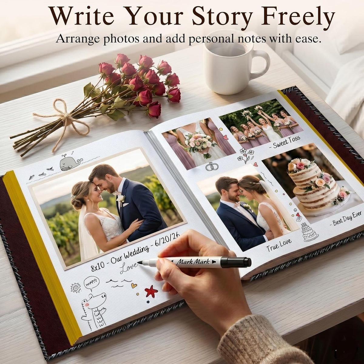 Wine Red Large Self-Adhesive Photo Album, PU Leather Cover