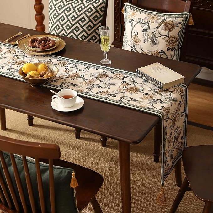 ISAENNE Designer Vintage Beige Linen Table Runner 87 Inches Long,Elegant Floral and Bird Pattern Decor Table Runners for Dining Tables,Thanksgiving,Christmas,Banquet,Party,12"*87"-Murad A
