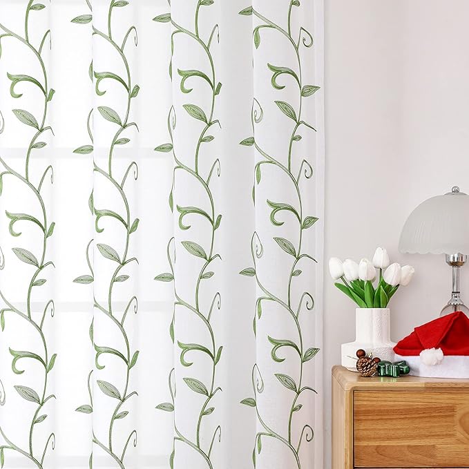 VISIONTEX Embroidered Green Sheer Voile Curtains, Leaves Embroidery Faux Linen Rod Pocket Window Drapes for Living Room and Girls Bedroom 54 x 63 Inch, Set of 2 Curtain Panels