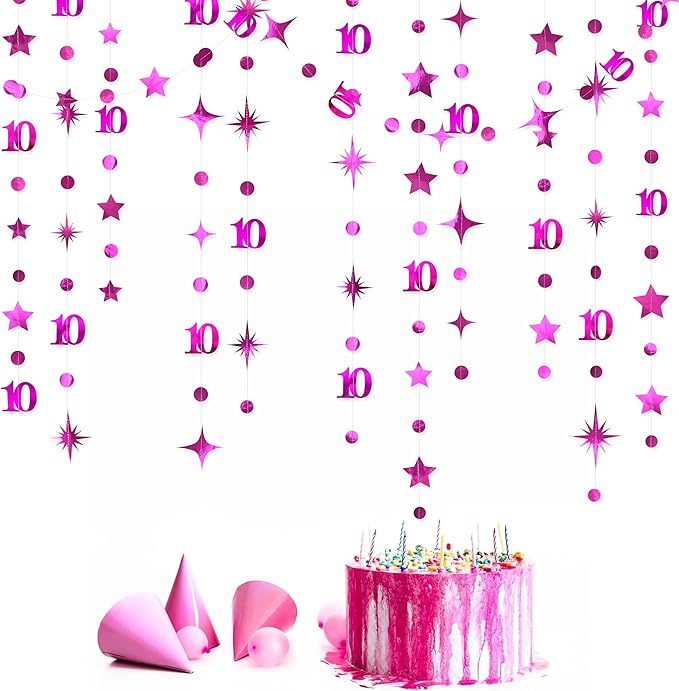 Hot Pink 10th Birthday Decorations Number 10 Circle Dot Twinkle Star Garland Metallic Hanging Streamer Banner Backdrop for Girls Double Digits Ten Year Old Birthday 10th Anniversary Party Supplies