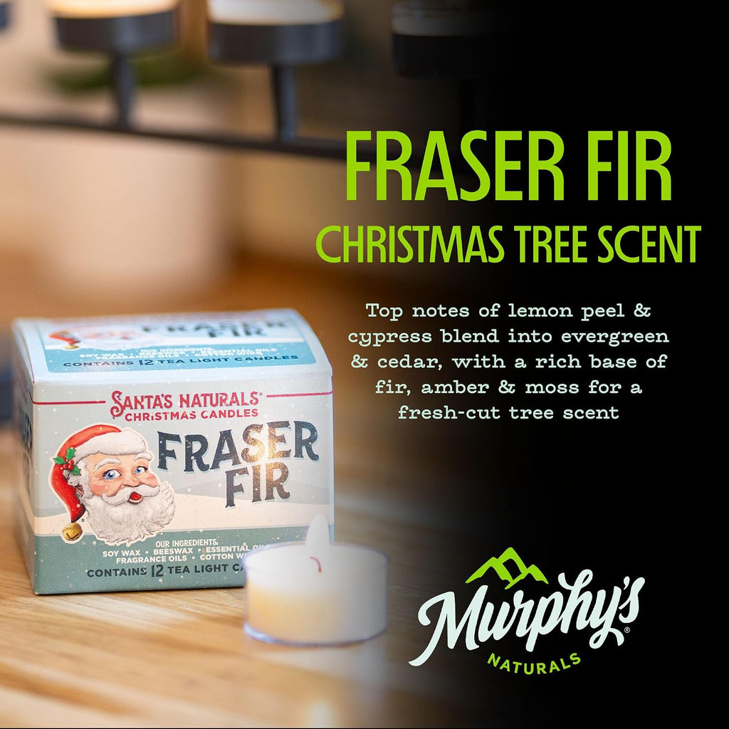 Santa's Naturals Fraser Fir Christmas Tea Light Candles, Pack of 12 | Soy & beeswax blend candles with fresh fir, cedar & cypress scent; up to 4-hour burn time each