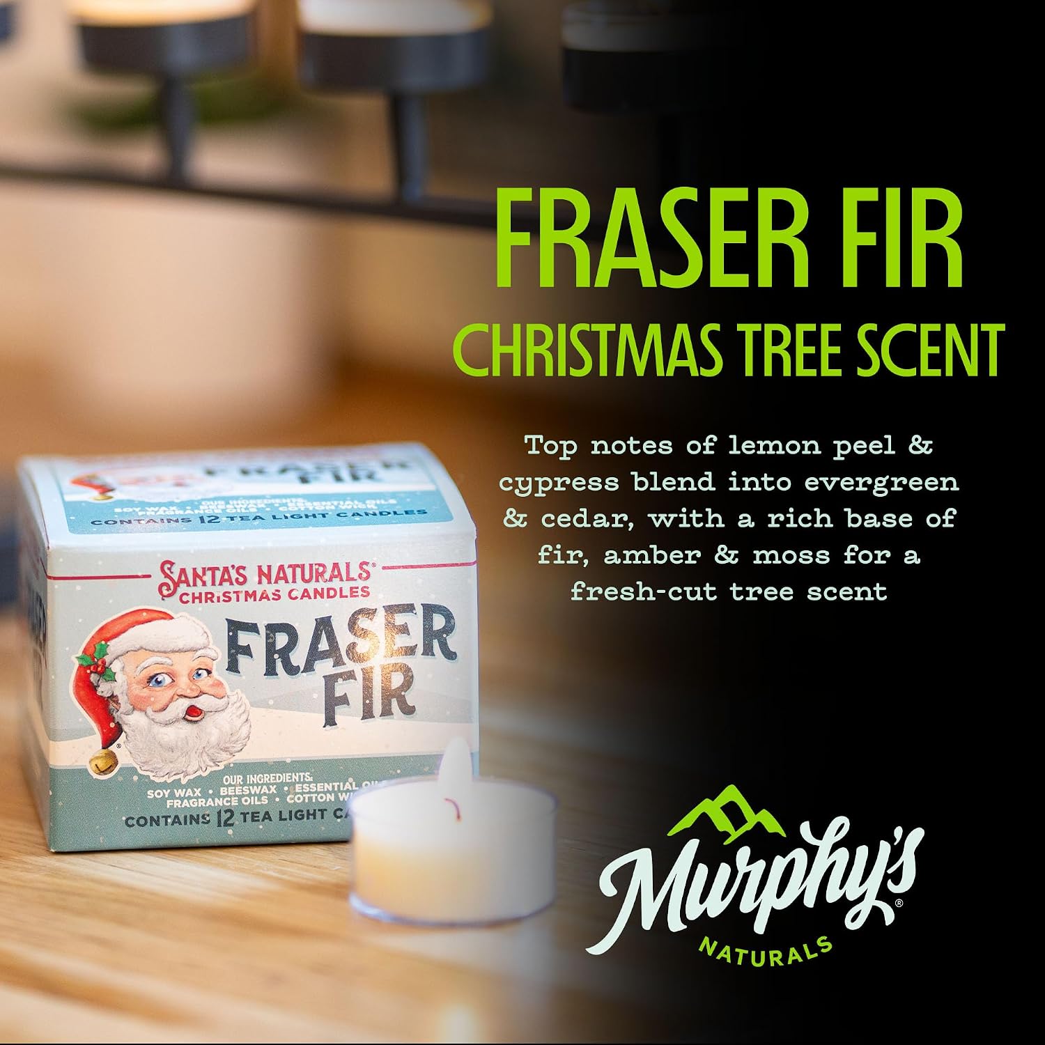 Santa's Naturals Fraser Fir Christmas Tea Light Candles, Pack of 12 | Soy & beeswax blend candles with fresh fir, cedar & cypress scent; up to 4-hour burn time each