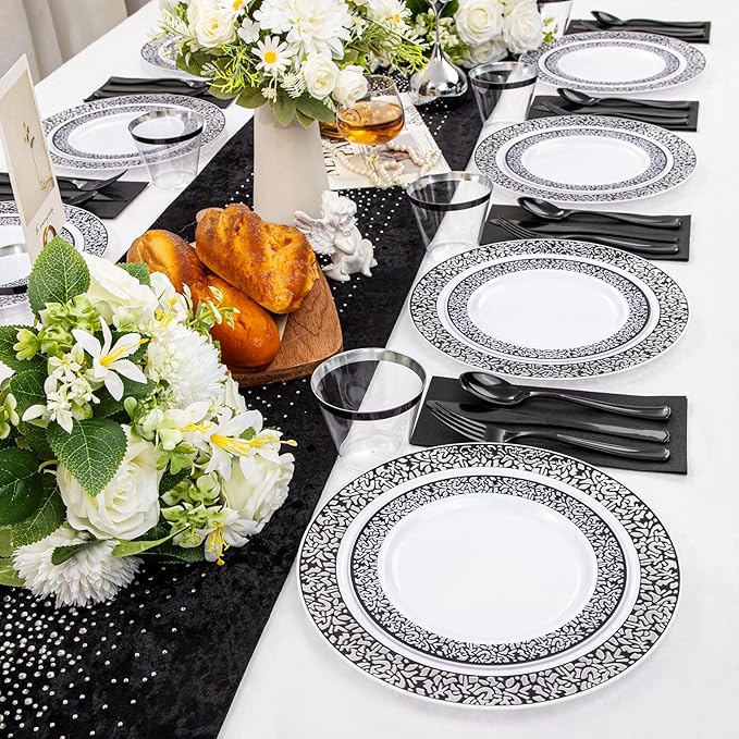 WELLIFE 350Pcs Black Plastic Dinnerware and Napkins Party Supplies Include:50 Dinner Plates, 50 Dessert Plates, 50 Napkins, 50 Cups and 50 Plastic Cutlery