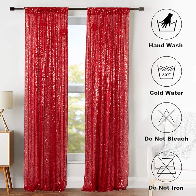 ShinyBeauty Red Sequin Curtains 8 Panels, 2FTx8FT - Dazzling Glitter Backdrop for Festive Events, Birthday Parties, and Christmas Decor, Sparkle Photo Background