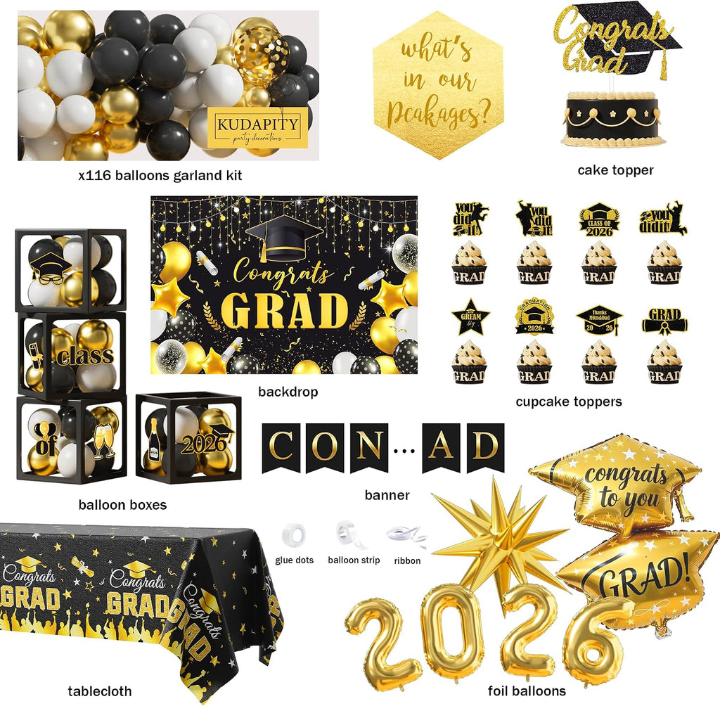graduation party decorations 2026 kit, black gold congrats shown in use