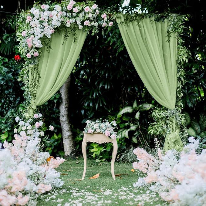 VOK Wedding Arch Draping Fabric Chiffon Fabric, 29in x 18Ft 2 Panels Sheer Chiffon Outdoor Curtain for Wedding Ceremony Birthday Party Decoration (Sage Green,2 Panel)