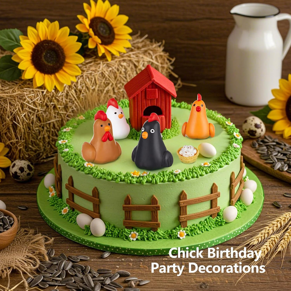 Leinuosen 18 Pcs Chicken Cake Decorations Chicken Birthday Cake Topper Coop Hen Rooster Egg Nest Grass Farm Animal Birthday Party Decorations for Chick Themed Baby Shower Supplies
