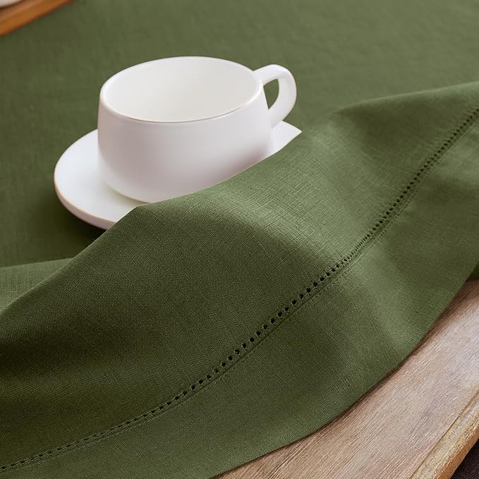 Solino Home Linen Table Runner 60 Inches - 100% Pure Linen Olive Hemstitch Table Runner 14 x 60 Inch Ideal for Dresser and Coffee Tables - Classic Hemstitch - Thanksgiving