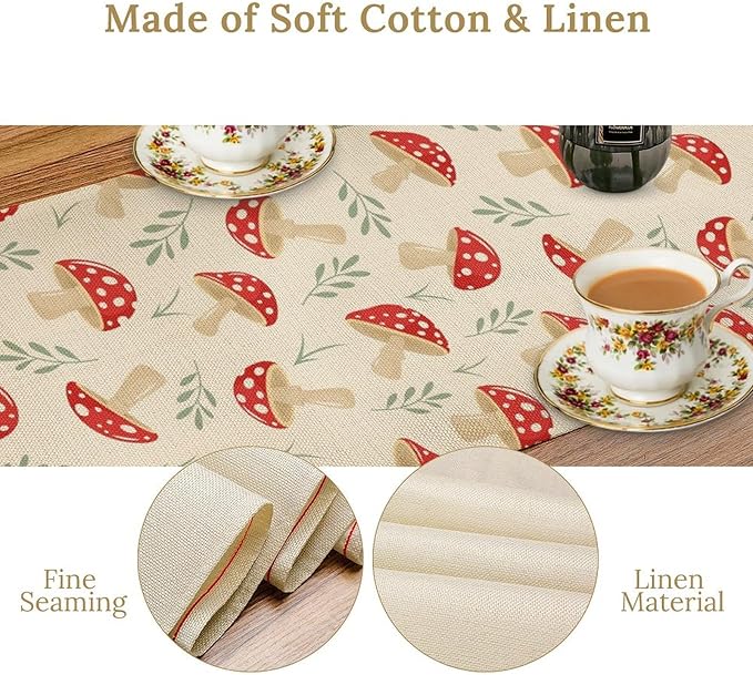Mushroom Table Runner,Vintage Plant Print Table Runner for Kitchen Dining Table Home Party Decoration 13x108 Inch