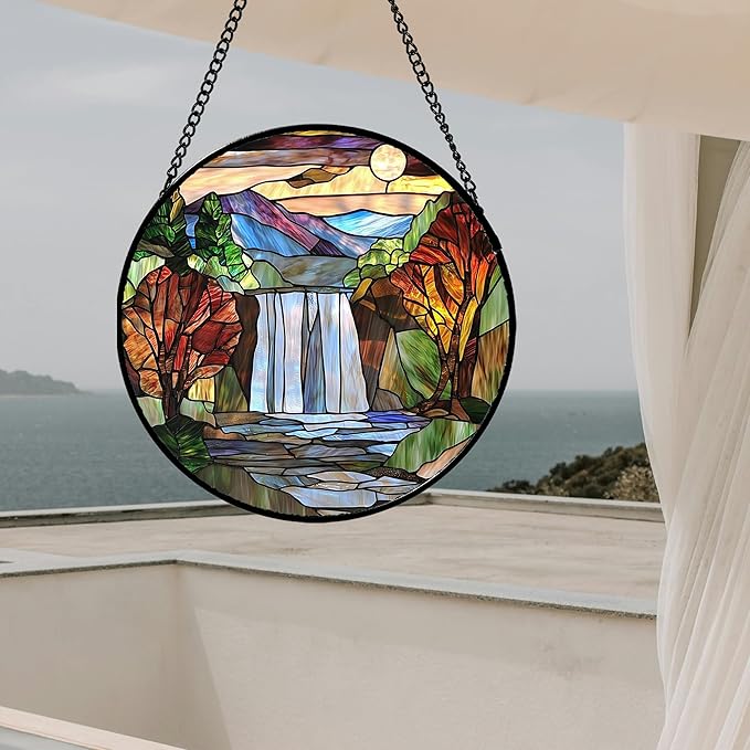 Stained Glass Window Hanging, Abstract Landscape Waterfall Mountains Trees Suncatcher for Doors Window Home Sun Catchers Decor Mother's Day Birthday Gifts for Women Men Mom 6.3 in