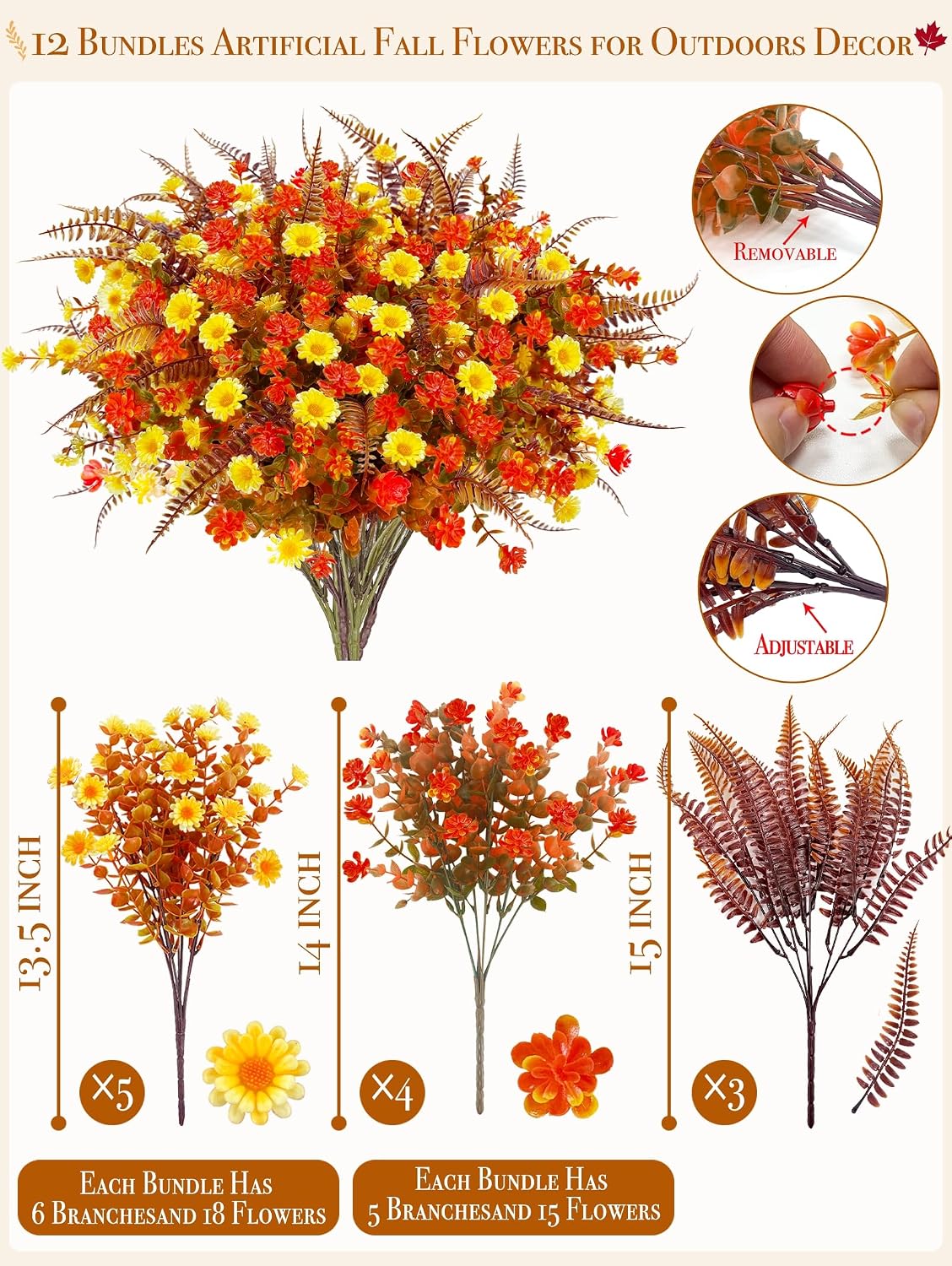artificial fall flowers for outdoors fake mums, 3, close-up detail