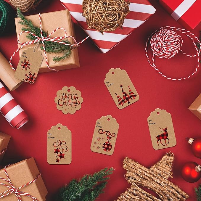LOKIPA 120 Pieces Christmas Kraft Paper Gift Tags Hang Labels with Red and Black Plaid Snowflake Christmas Tree Elk Patterns and 230 Feet Twine Rope for Christmas