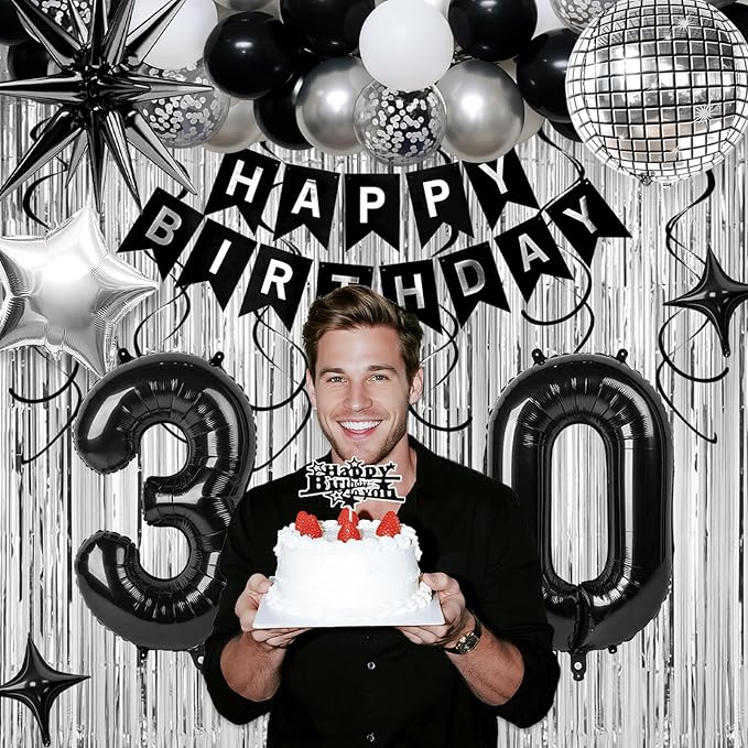 30th Birthday Decorations for Men Women, Black Silver Happy Birthday Party Decorations， 30 Year Old Party Supplies with Number 30 Balloons, Banner, Fringe Curtains Kit