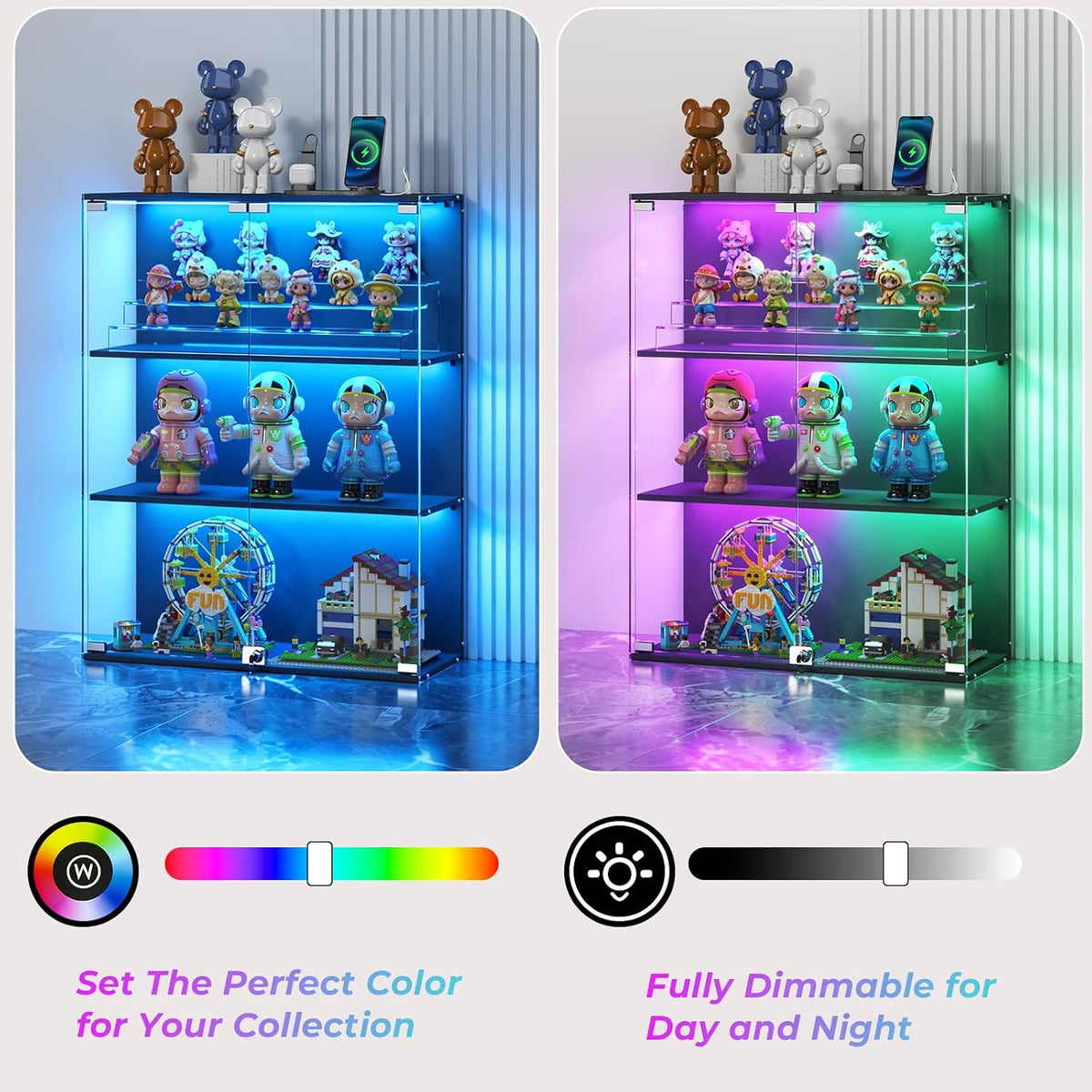versiontech. glass display cabinet with rgb led lights, side view