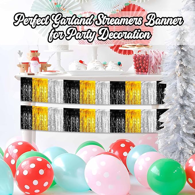 6 Pack 10 Ft Black Gold Silver Foil Fringe Garland Metallic Streamers Tinsel Banner Wall Hanging Garland Backdrop for Parade Floats, Halloween, Christmas, Thanksgiving, New Year Party Decorations