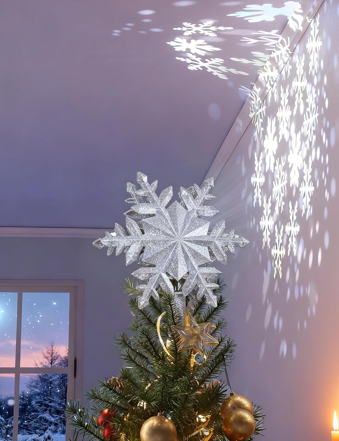 DG-Direct Christmas Tree Topper Lighted with Silver Snowflake Projector, Led Rotating Magic Snowflake, 3D Hollow Glitter Lighted Silver Snow Tree Topper for Christmas Tree Decorations
