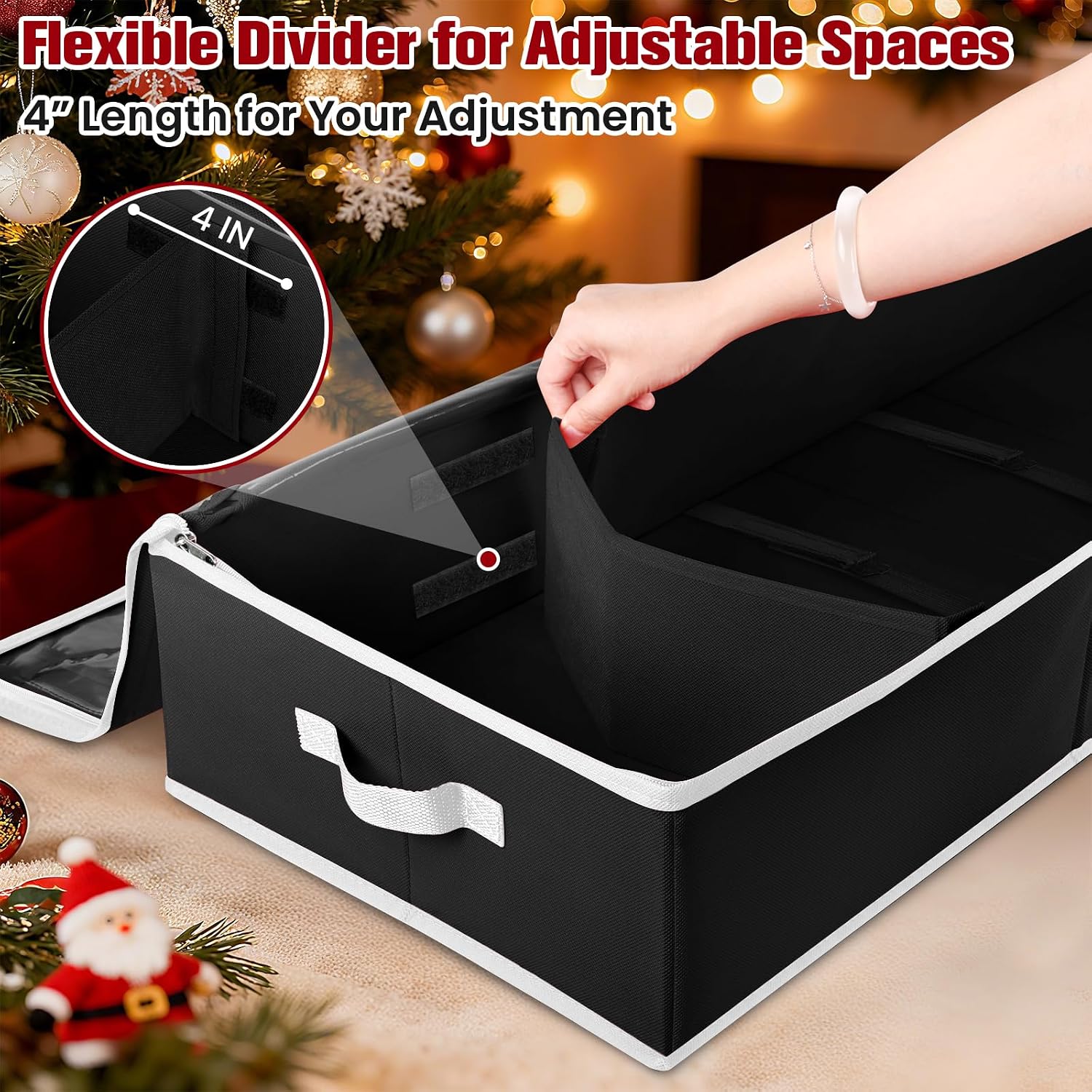Wrapping Paper Organizer Storage, Christmas Wrapping Paper Storage for Christmas Decorations, Ribbon, Accessories, Underbed Gift Wrap Container with Flexible Partition, Interior Pockets(Black)