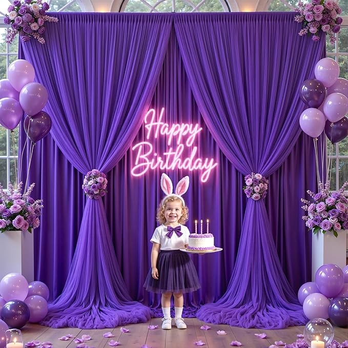 Purple Tulle Backdrop Curtain for Parties Wedding,10ft x 10ft Wrinkle Free Curtain Backdrop,2 Layer Drapes for Backdrop,Polyester Wedding Back Drop for Bridal Shower Birthday Baby Shower Photography