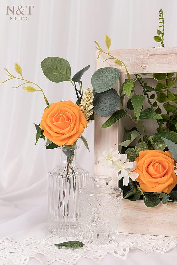 N&T NIETING Artificial Flowers, Fake Flowers Orange Roses Perfect for DIY Wedding Bridal Bouquets Centerpieces Bridal Shower Party Home Flower Arrangement Decorations, 25Pcs
