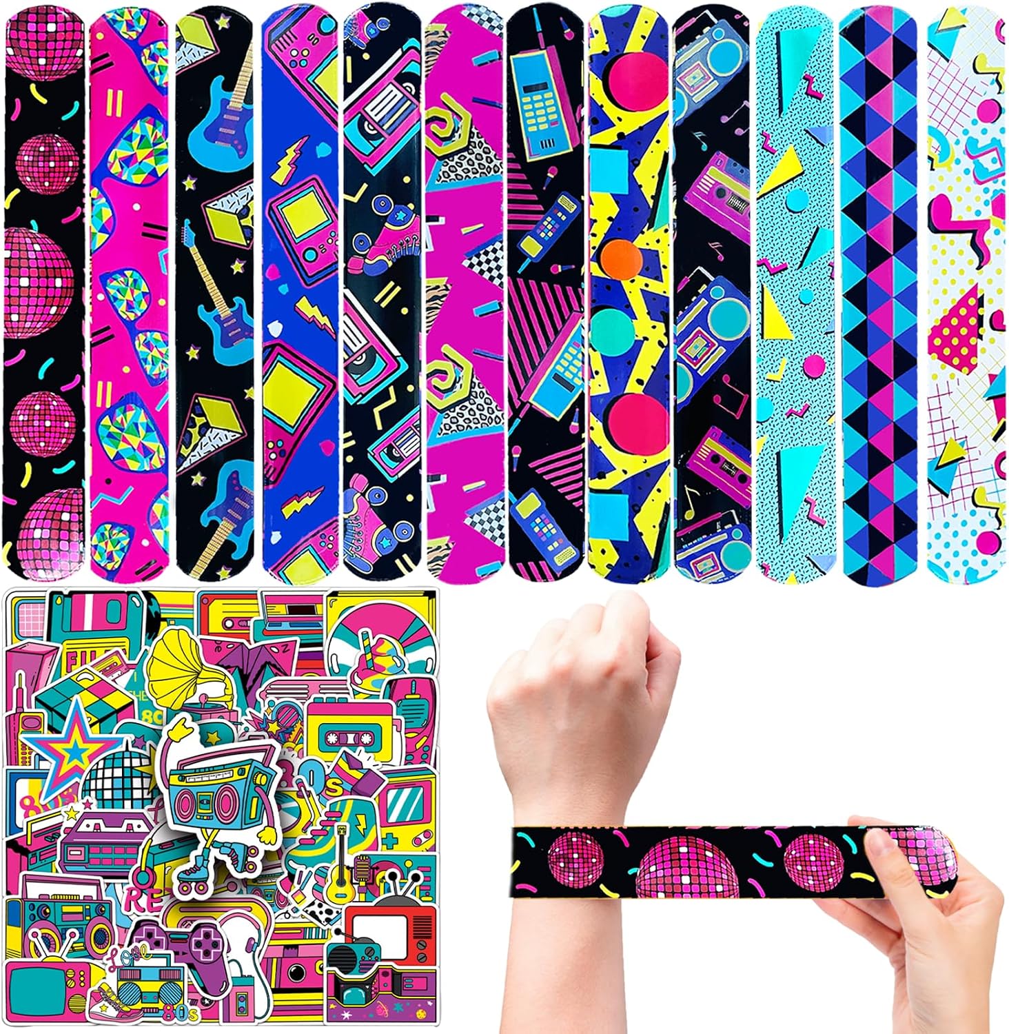 CZWXOXO 74Pcs 80s Theme Party Favors Contain 24 Pcs 80s Theme Slap Bracelets 50Pcs Stickers, Retro Birthday Party Decorations,Classroom Rewards Supplies.