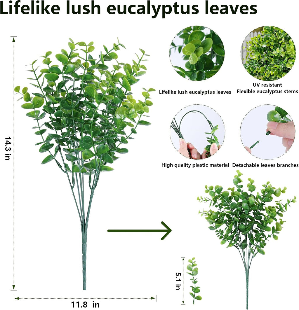 Artificial Faux Outdoor Plants for Spring Summer Decoration, 12 Bundles Fake Plastic Eucalyptus UV Resistant Look Real Fake Plants for Planter Outside Front Door Porch Patio Balcony Garden Indoor Yard