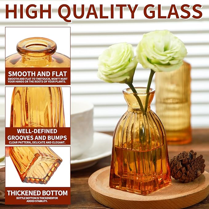 Vintage Small Glass Vases Set of 10,Mini Bud Vases for Flowers,Amber Glass Vases for Centerpieces,Wedding Decorations,Home Table Flower Decor (Amber)
