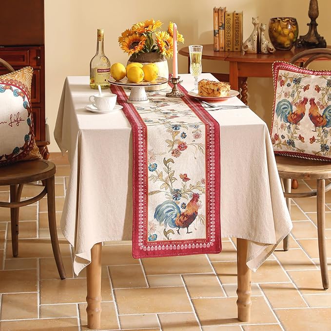 patdrea Designer Farmhouse Linen Table Runner, Rustic Cottage Mauve with Rooster and Floral Pattern Fabric Table Mat, Decoration for Kitchen Dining Coffee Table Banquet Christmas , 12"*102"