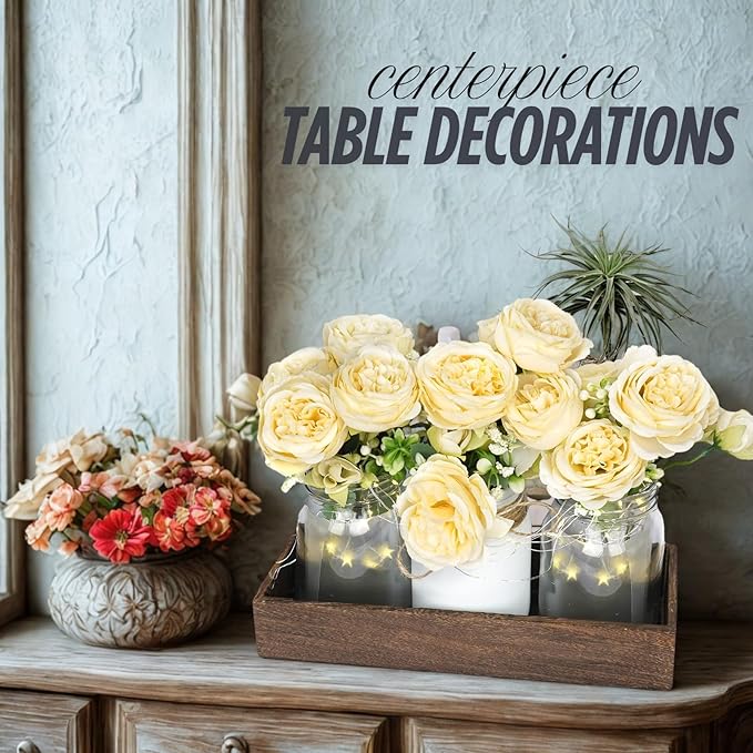 Champagne Floral Mason Jars for Centerpieces – Rustic Table Centerpiece Decorations with Lights & Tray – Wedding Centerpieces for Tables, Dining Room, Party or Reception Decor Kitchen Counter