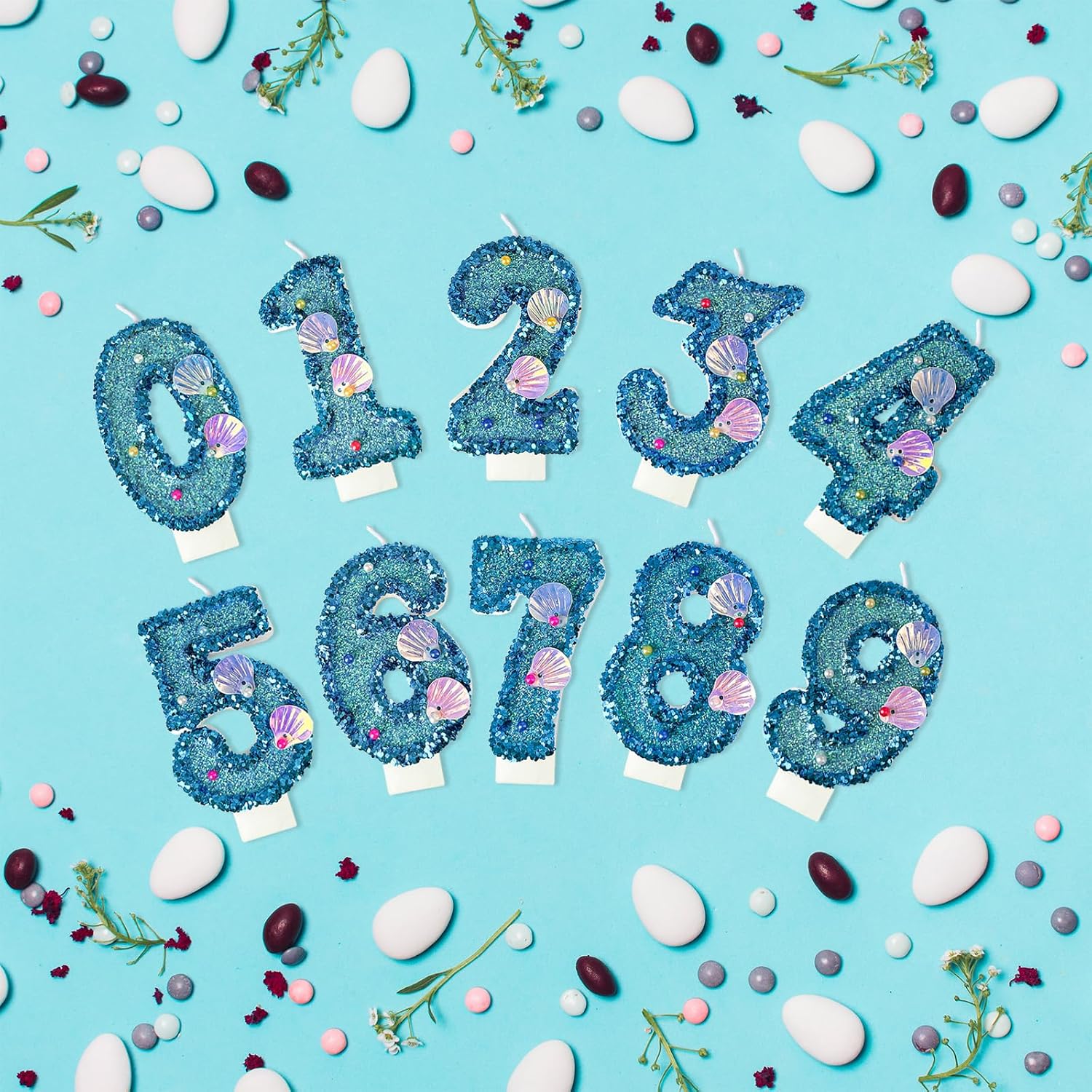 Blue Shell Sequin Number Candle Birthday Cake Number Candle for Mermaid Theme Party, Wedding, Party, Party Decoration Supplies (2)