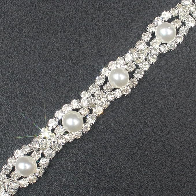 PEARLY JUN 2 Yards Pearl Rhinestone Trim Chain Silver Crystal Fringe Diamond Applique Ribbon String Tassel Strip for Sewing Wedding Dress Crafting Crafts Flower Embellishments
