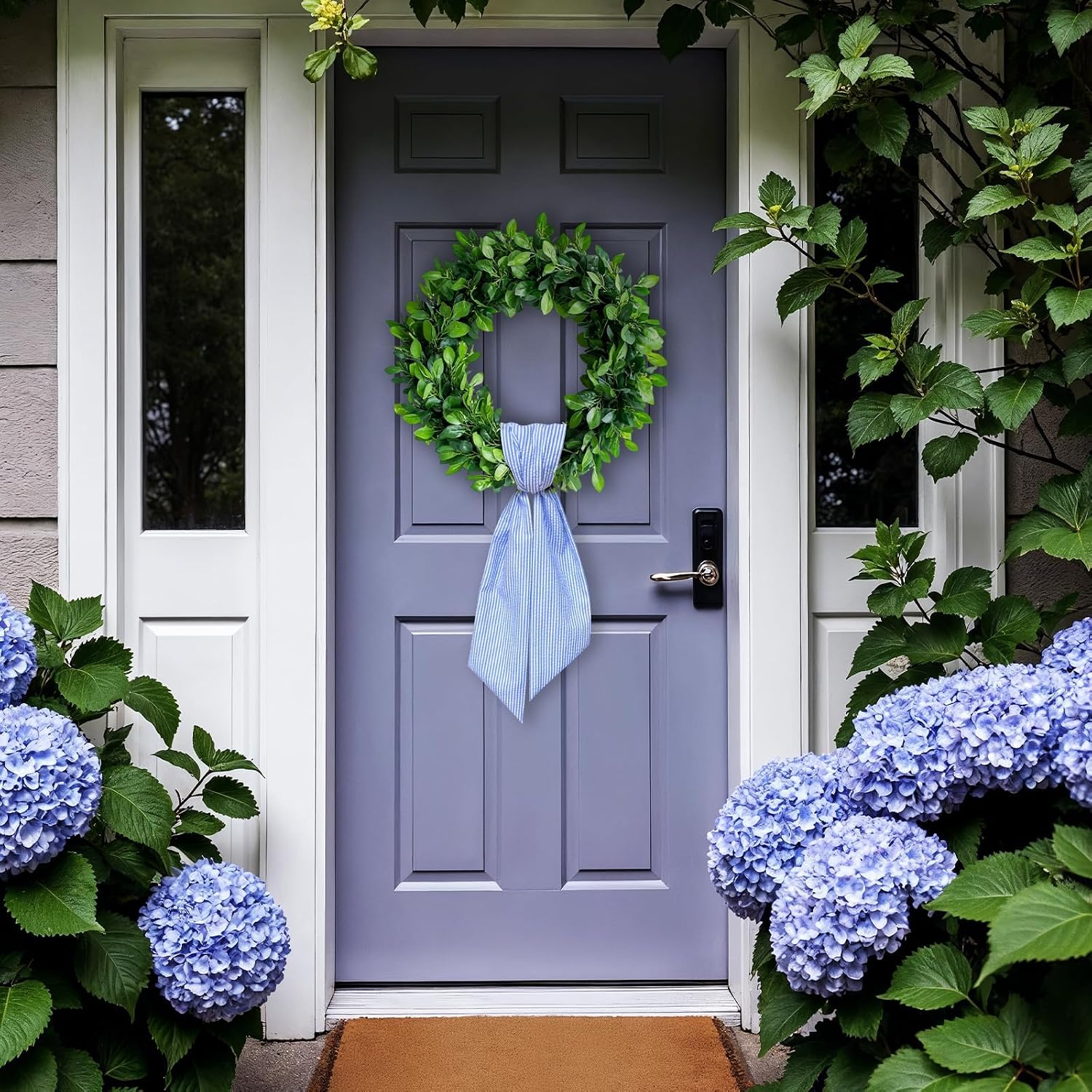 Baby Shower Wreath Sash for Front Door, Blue Seersucker Sash Holiday Stripes Wreath Accessories for Home Wedding Birthday Decorations