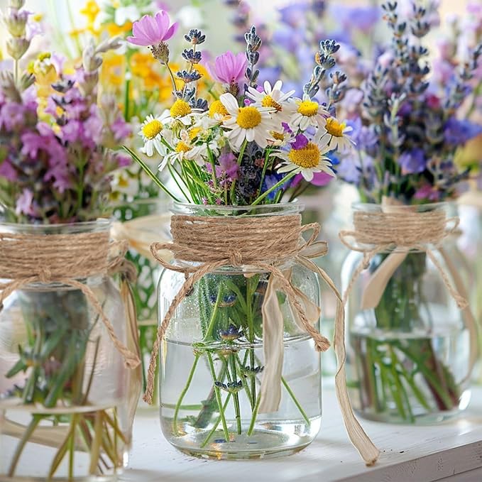 Vintage Glass Flower Vase，6 Pack FarmhouseTransparent White Glass Centerpiece Vases Mason Jars for Weddings, Parties & Home Decor Bulk (6, Transparent)