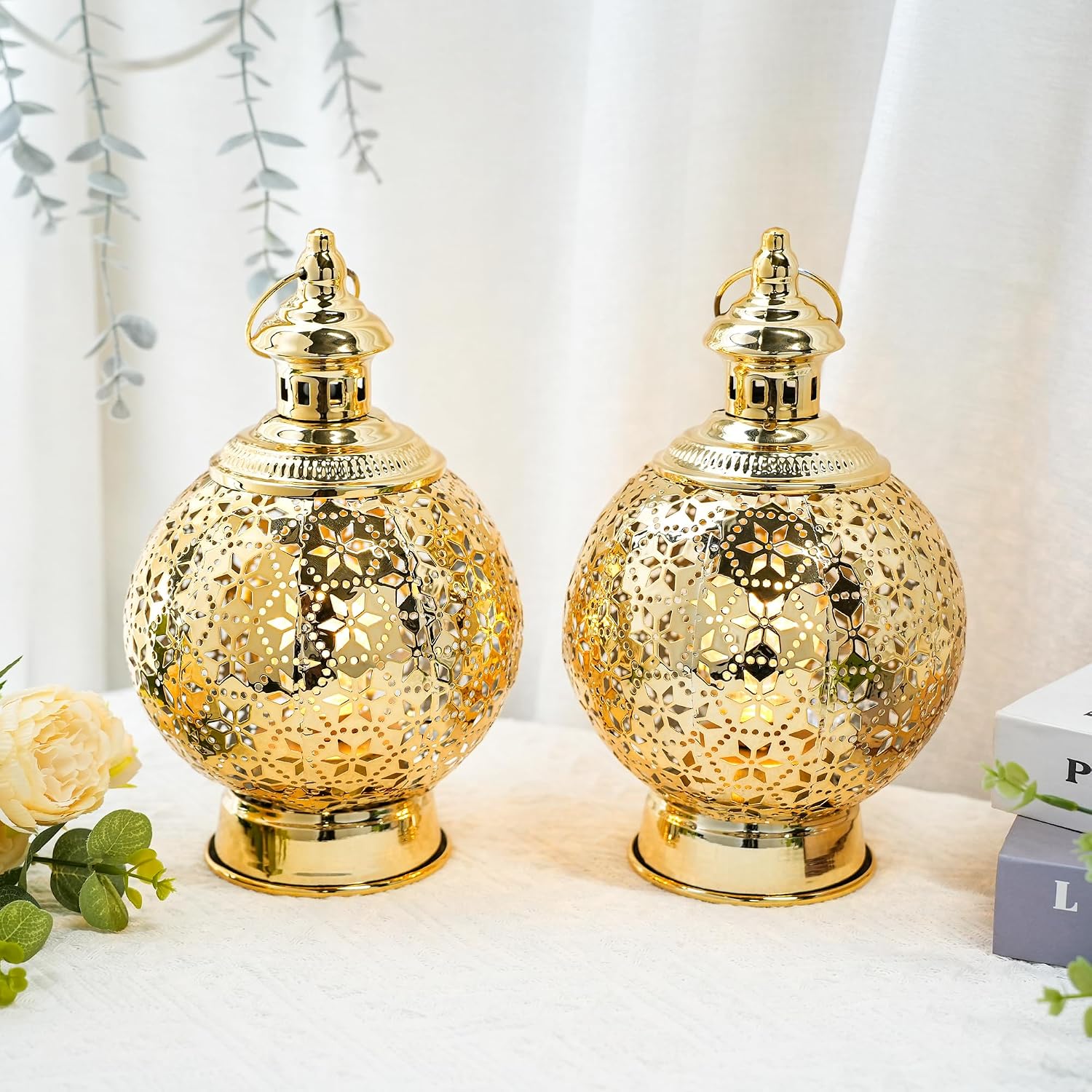 TRIROCKS Ramadan Lanterns Set of 2 10" Gold Electric Candle Holders with Timer, Metal Decorative Vintage Lanterns for Indoor/Outdoor Decor, Perfect EID Mubarak Gift