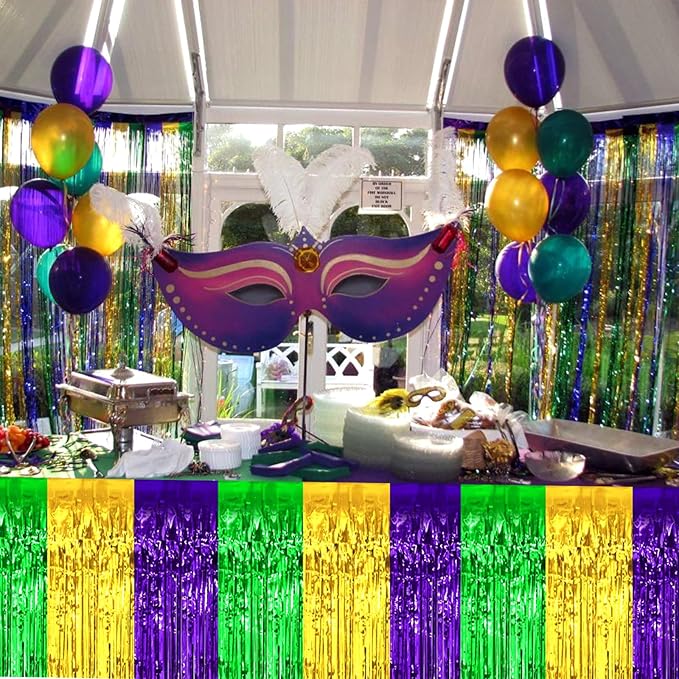 4 Pack 29x108 Inch Mardi Gras Metallic Foil Fringe Tinsel Table Skirts for Rectangle Tables Streamer Backdrop for Wedding, Birthday, Parade Floats, Valentine's Day Party Decoration(Gold Green Purple)