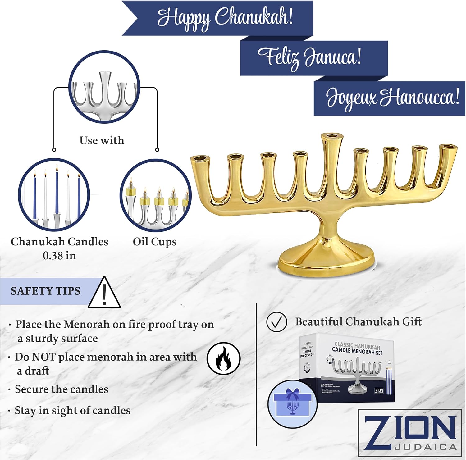 Zion Judaica Stunning Sleek Gold Designers Menorah for Hanukkah High Polished Traditional Candle and Oil Chanukiah Classic Gold Chanukah Minorah fits Candles or Oil Cups