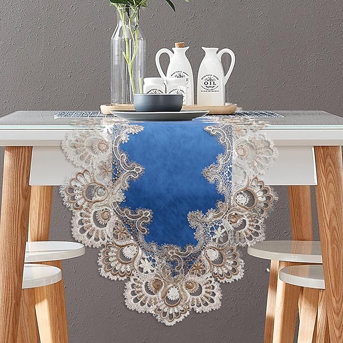 Vintage Lace Dining Table Runner, 108 Inches Macrame Coffee Table Runners for Kitchen Home Christmas Party Decorations (16x108 inch,Blue)