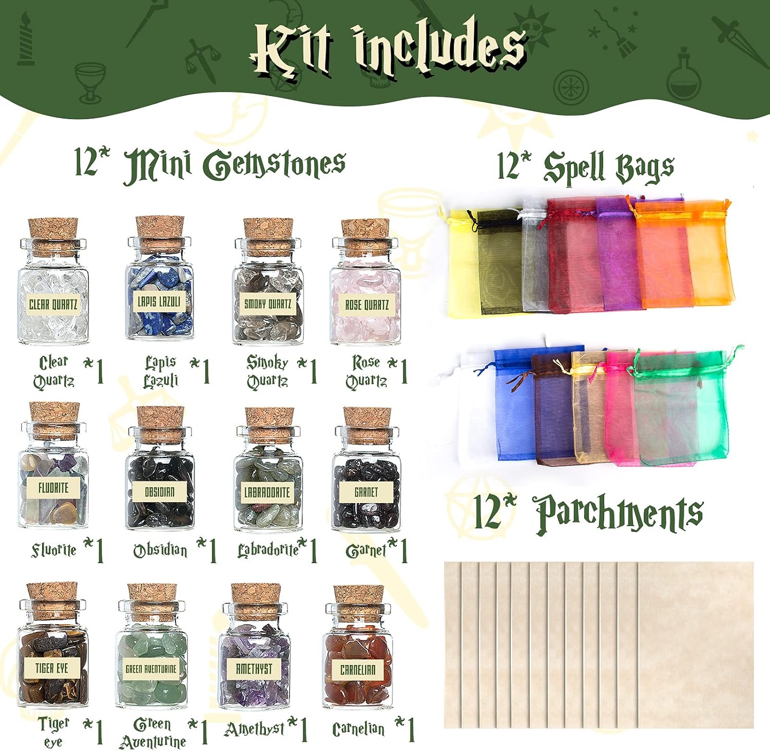 Tassika Witchcraft Starter Kit, Witchcraft Supplies for Wiccan Altar- 63 Pack of Crystals Dried Herbs, Colored Magic Candles, Charm Bags and Ritual Witches Salt for Spells, Baby Witches