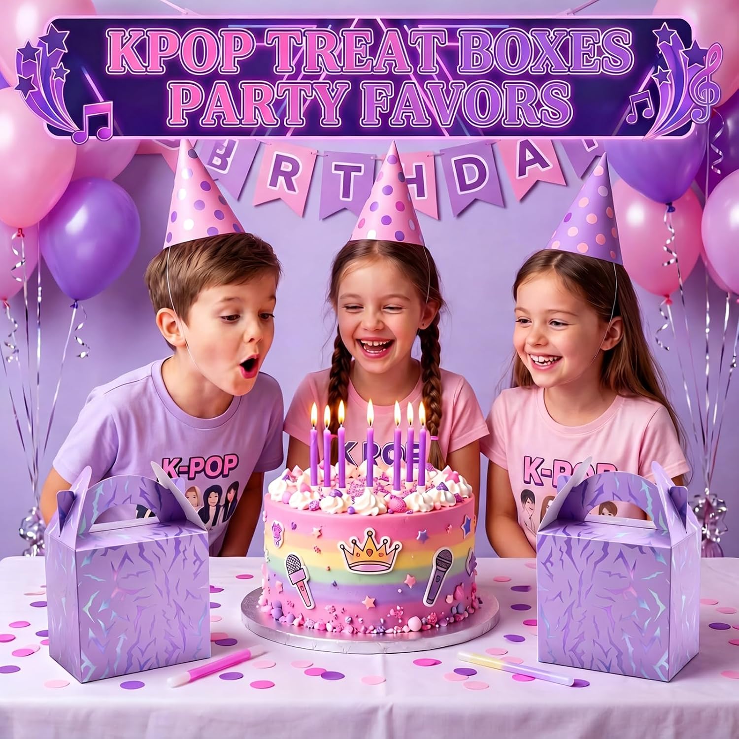 Sinload 24 Pcs Purple Kpop Theme Birthday Party Favor Treat Boxes Theme Gift Candy Boxes 6.1 x 3.9 x 8.3 in Cardboard Goodie Present Box for Birthday Party Baby Shower Movie Fans Supplies Decoration