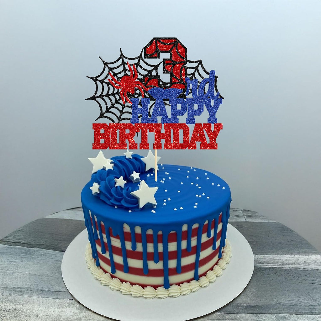Ephlyn 1Pcs Happy 3rd Birthday Cake Topper Glitter Spider Themed Happy Third Birthday Cake Decor for Men Boy Children Three Years Birthday Party Supplies