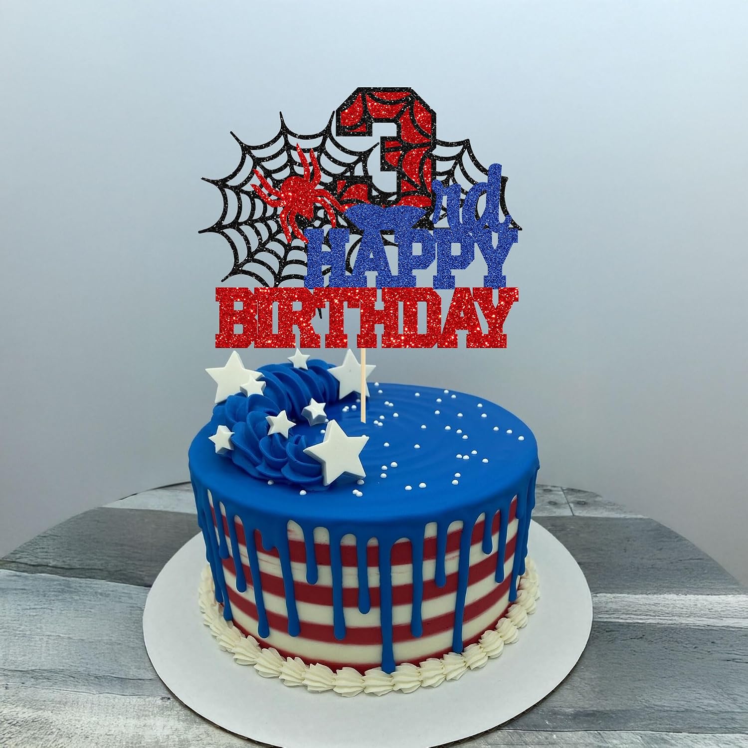 Ephlyn 1Pcs Happy 3rd Birthday Cake Topper Glitter Spider Themed Happy Third Birthday Cake Decor for Men Boy Children Three Years Birthday Party Supplies