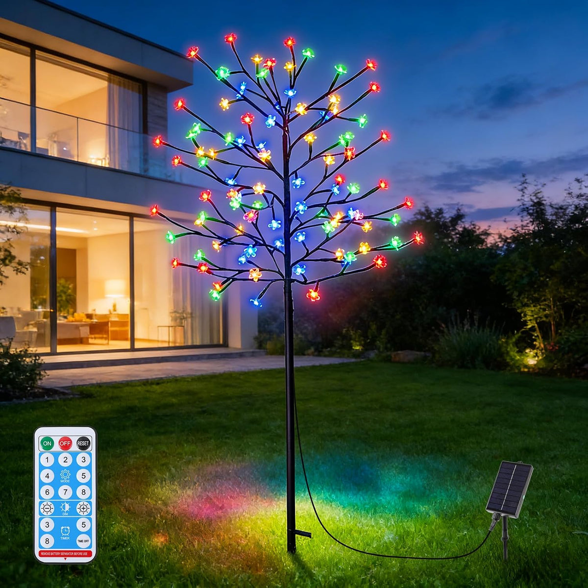 solar cherry blossom tree lights with remote for shown in use