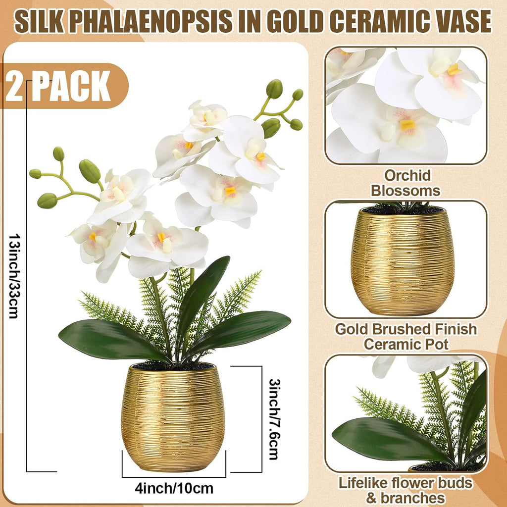 orchids artificial flowers in gold ceramic vase 13'' shown in use