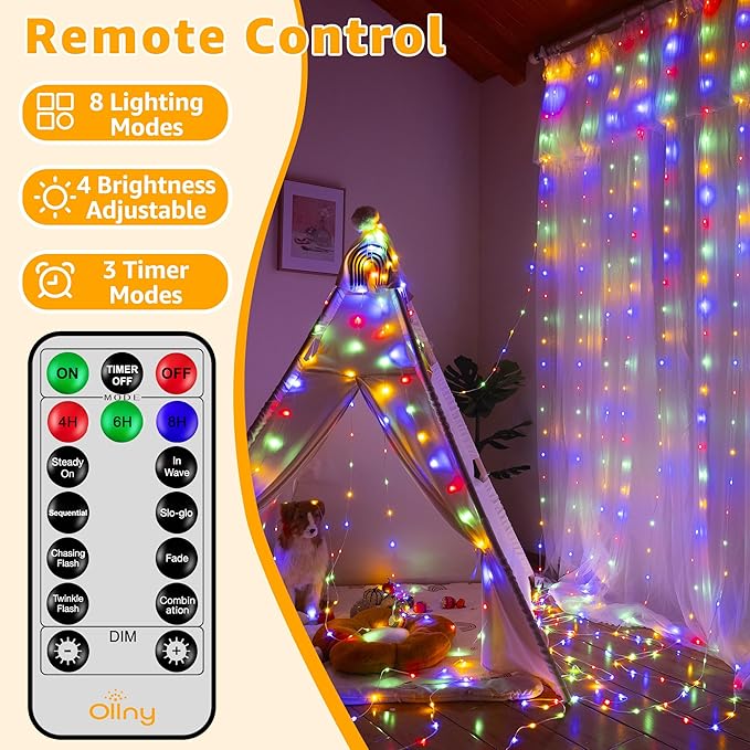 Ollny Curtain Lights 600LED 19.7ft x 9.8ft, IP67 Waterproof Outdoor Curtain Rice Lights with Remote, Plug-in Untangle Fairy Light with 8 Modes 3 Timers for Wall Waterfall Backdrop Decor(Multicolored)