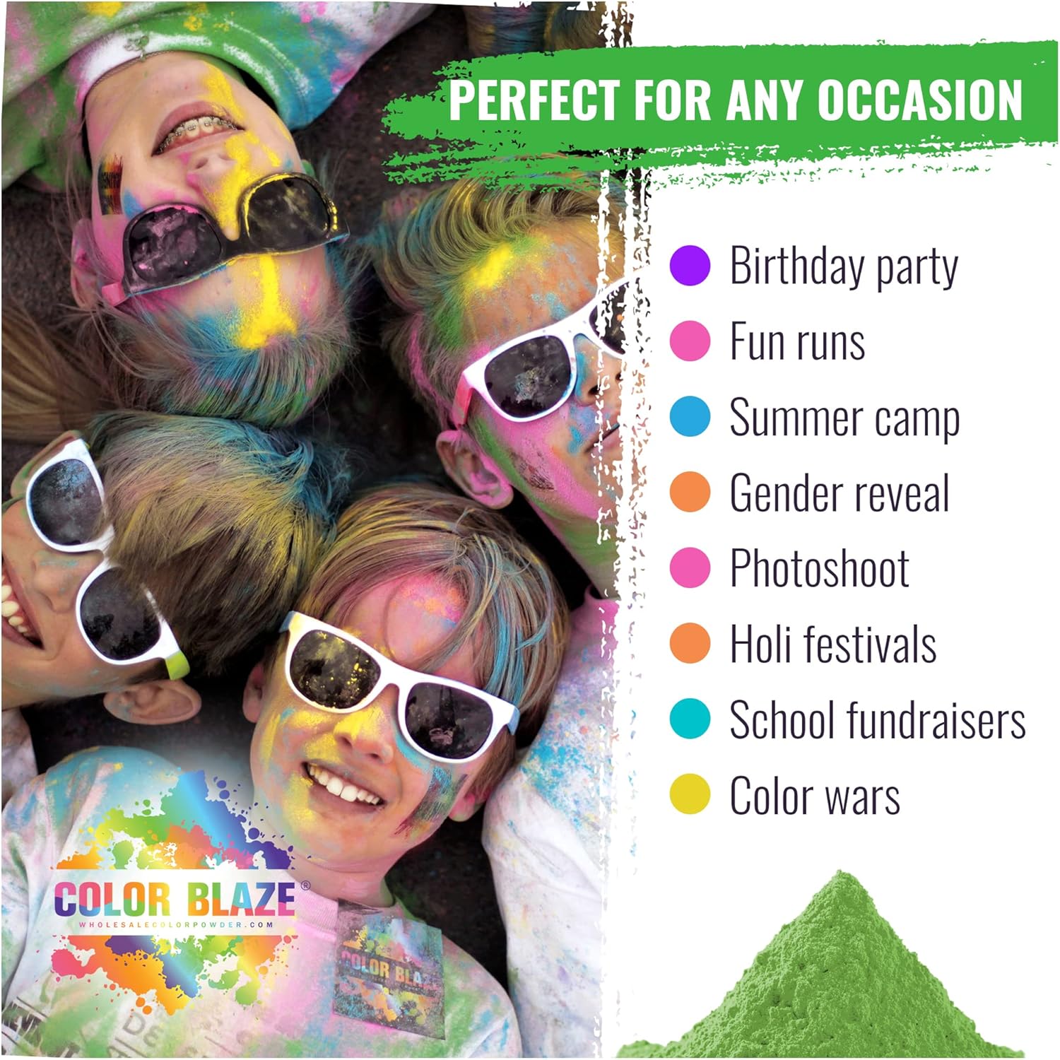 Color Blaze Color Run Powder - 5 lbs of Each Color - Pink, Blue, Green, Yellow - Non-Toxic, Washable Color Powder - Pack of 4 Bags - 20 Pounds in Bulk