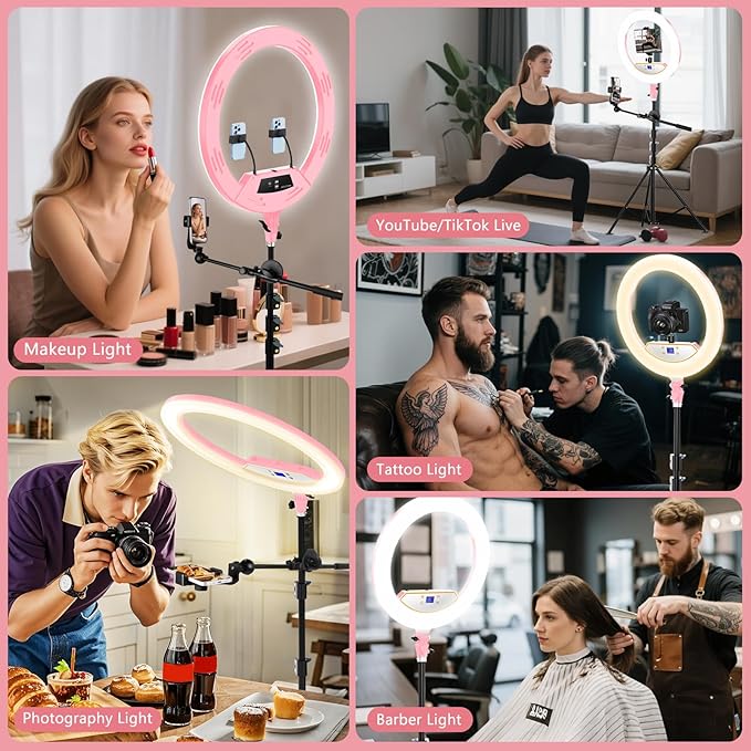 Ring Light with Stand 22inch Kit: Professional Ring Light Overhead Tripod for iPhone ipad, LCD Display/2 USB Ports for Makeup Barber Tattoo Lash Extension Video Photography Lighting (Pink)