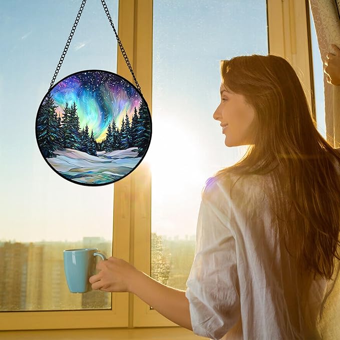 Stained Glass Window Hanging, Aurora Landscape Sun Catchers Glass Panel Green Trees Suncatcher Decor for Birthday for Women, Men, Wife, Aunt, and Mom 9.8 in