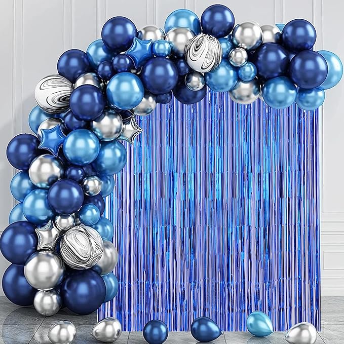 2 Pack Blue Foil Fringe Backdrop Curtains, Tinsel Streamers Party Decorations, Fringe Backdrop for Graduation, Disco Party