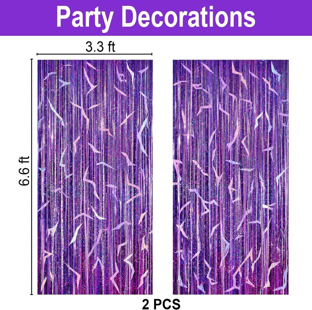 2 Pack K-STYL Purple Foil Fringe Curtains Party Decorations - 3.3 ft x 6.6 ft Energy Pattern Sparkling Holographic Laser Foil Curtain for Girls Disco Bachelorette Party Supplies